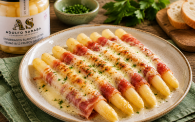 Espárragos blancos extra con jamón y salsa suave de queso