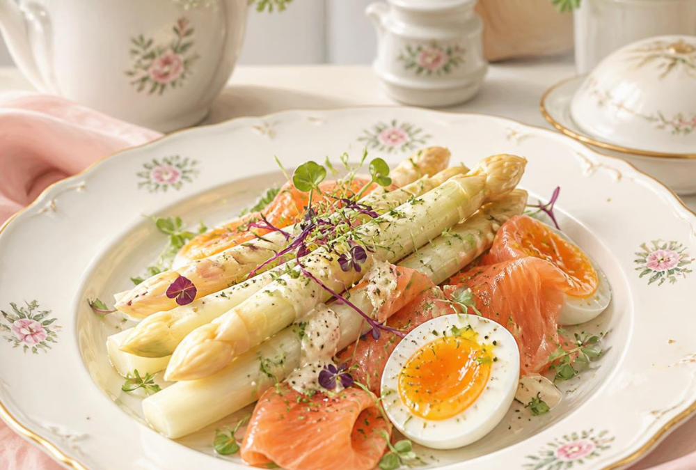Ensalada de espárragos blancos con salmón y huevo